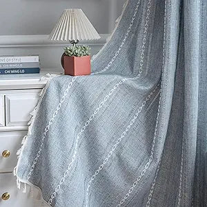 ColorBird Blue Boho Curtains Linen-Textured for Living Room Bedroom Light Filtering 2 Panels 63 Inch Farmhouse Embroidered Striped Curtains & Drapes for Dining Room Kitchen Window Treatments