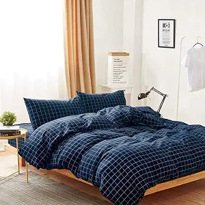Wake In Cloud - Grid Cotton Duvet Cover Set, Plaid Checkered Geometric Farmhouse, 100% Washed Cotton Textured Bedding Set, 3 Pieces, Navy Blue, Full Size