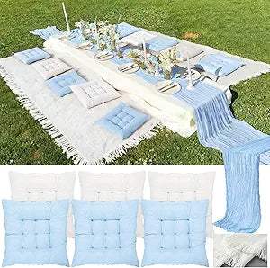 Extra Large Outdoor Picnic Blanket with Table Runner and Floor Pillow Cushion for Picnic Wedding Birthday Baby Shower Backyard Decor(91 x 71'',Light Blue,White,8 Pcs)