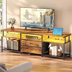 HOOBRO TV Stand with Power Outlet and LED Light, Entertainment Center for TVs Up to 75 Inch, Modern Media Console Table with 2 Non-Woven Drawers, for Living Room, Bedroom, Rustic Brown BF55UDDS01