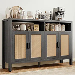 Mericonia Rattan Buffet Cabinet with Storage, Sideboard with Doors, Console Table, Farmhouse Coffee Bar, Modern Wood Storage Cabinets(Brown Black 2.0)