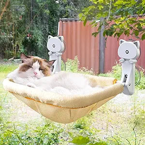 JUNSPOW Cat Window Perch Cordless, Foldable & Stable Cat Beds- Breathable Cat Window Hammock for Overlooking, Sunbathing and Climbing - Maximum Hold Up to 40lb(Cream)