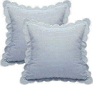 Newwiee 2 Pack Scalloped Pillow Cover 18 x 18 Inch Stripe Throw Pillow Cover Cotton Decorative Pillowcase for Women Men Couch Living Room Cushion Indoor Outdoor Decoration(Blue, Scalloped)