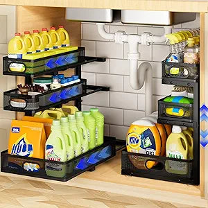 Under Sink Organizer 3 Tier, 2 Pack L-Shaped Pull-Out Cabinet Organizer with Sliding Metal Mesh Drawers, Height Adjustable Under Sink Storage Rack for Kitchen Bathroom Cabinet, Black