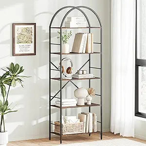 Turosur Arched Tall Bookshelf, 5 Tier Narrow Bookcase, Display Stand Book Shelf, Wide Bookshelves with 4 Hooks for Living Room, Home Office, Black and Brown