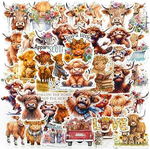 100 PCS Highland Cow Stickers,Funny Highland Cow Stickers,Waterproof Vinyl Decals for Laptop,Water Bottle,Journal, Scrapbook