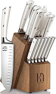 KnifeSaga Kitchen Knife Set Premium, Japanese High Carbon Stainless Steel 15 Pcs Enduring Ultra Sharp Knife Block Set with Sharpener and Wood Block, Professional White Chef Knives set for Kitchen