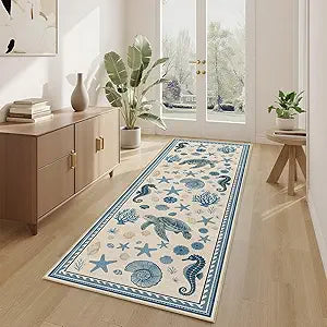 Coastal Nautical 2x6 Runner Rug for Hallway Kitchen Bedroom Sea Turtle Starfish Seashell Ocean Rug Machine Washable Non Slip Low Pile Runner Rugs Long Floor Mat Carpet for Bathroom Laundry,Blue