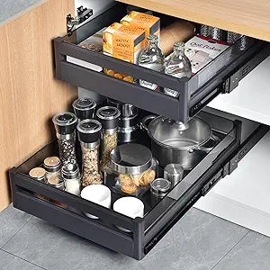 YOHOM Pull Out Cabinet Organizer  17" W x 21" D Aluminum & Glass Drawer Organizer with Removable Dividers, Heavy Duty Pull Out Shelf for Kitchen Cabinets, Sliding Storage Tray, DIY Single Tier