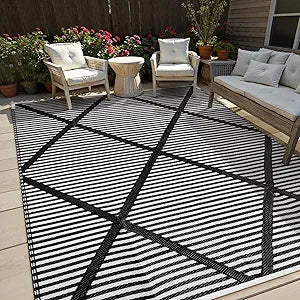 Lahome Outdoor Rug 8x10 Patio Waterproof, Plastic Straw Reversible Rv Rugs for Outside, Large Portable Porch Decor Camping Carpet for Balcony Tent Travel, Black 8'x10'