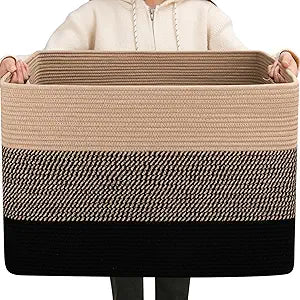 OIAHOMY 108L Super Large Blanket Basket, 25x16x16 Rectangle Woven Baskets for Storage, Cotton Rope Basket For Living Room, Toy Storage with Handle- Yellow and Black