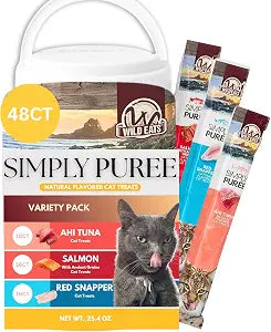 Wild Eats Simply Puree Variety Tub for Cats | 48 Individual Servings of All-Natural, High-Protein Puree Treats | Includes Multiple Flavors | Grain-Free, No Artificial Additives, Smooth Texture