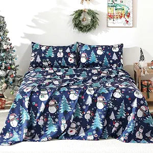 Luxudecor Blue Christmas Sheet Set Queen Size 4 Pieces