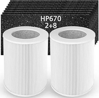 HP670 Replacement Filter Compatible with Hunter HP670 Large Tower True Air Cleaner Purifier, Compare to Part# H-HF670-VP, 2 x Premium Filters + 8 x Carbon Pre-Filters