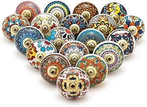 FOLK CRAFT Door Knobs and Pulls - Assorted Multicolour Decorative Ceramic Knob for Drawer, Cupboard, Cabinet Handle with Brass Steel Hardware - Pack of 20