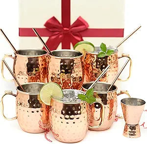 Kitchen Science Copper Moscow Mule Mug Gift Set  6 Tarnish-Resistant 19 oz Mugs with Stainless Steel Interior, 6 Straws & Jigger  Ideal for Cocktails, Bars & Gifts