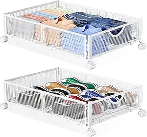 Yecaye Under Bed Storage with Wheels, 2 Pack Under Bed Shoe Storage Organizer Drawer, Tool-free Assembly Metal Underbed Storage Containers for Clothes, Shoes, White