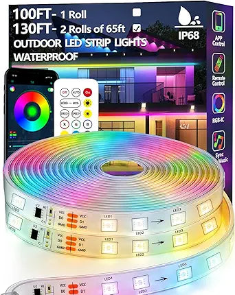 130FT (2 Rolls 65FT) Outdoor LED Strip Light Waterproof,IP68 Outside RGB+IC Light Strip with App/Remote Control,Chase Mode,Music Sync Light for Balcony,Deck,Rooftop,Garden,Pool