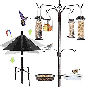 YINGYM 6-Hook Bird Feeding Station Kit, 94 Inch Heavy Duty Bird Feeder Stand Pole for Outdoors Hanging with 4 Feeders, Wide Metal Squirrel Baffle, Attracting Wild Birds