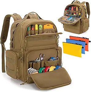 Rexmica Tool Bag Backpack for Men with 3 Tool Pouches, Heavy-Duty Tool Storage Organizer Bag with Padded Shoulder & Waist Support, Tactical Work Tool Bag for Electrician, Repairman, HVAC Techs, Khaki