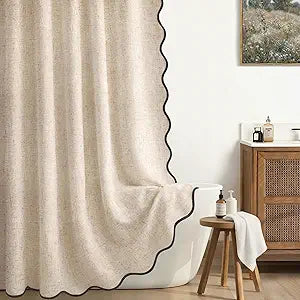 Extra Long Shower Curtains 90 Inch Linen Beige Cute Black Scalloped Boho Modern Shower Curtains for Bathroom Set, 72" W x 90" L
