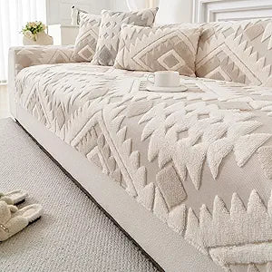 Boho Plush Couch Covers for Sofa Washable, Fuzzy Soft Couch Cover for Sectional Sofa, Non Slip Jacquard Sofa Cover Furniture Protector for Kids, Pets (Light Coffee,43"x63")