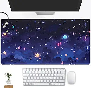 Blue Stars Desk Mat Cute Cloud Desk Pad, Aesthetic Starry Sky Mouse Mat Gaming Mousepad XXL, Extra Large Deskktop Mats for Keyboard and Mouse, Computer Laptop Mat Kawaii Desk Decor 31.5"x15.75"