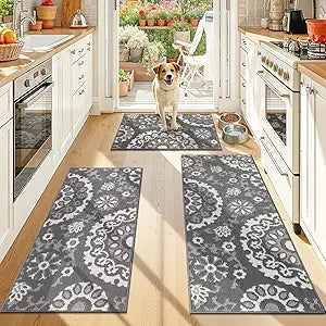 Yamaziot Washable Kitchen Rug Sets of 3, Non Slip Kitchen Mats for Floor, High-Low Textured Kitchen Runner Absorbent Stain Resistant Floor Carpet for Hallway, Laundry, Sink (Grey, 2x3+2x4+2x5ft)