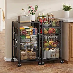 5-Tier Kitchen Storage Cart with Adjustable Wood Top (Tabletop or Basket), Fruit Vegetable Storage Rack with Wheels & Drawers, Metal Rolling Pantry Cart, Kitchen Organizer for Potatoe Onion Snack Can