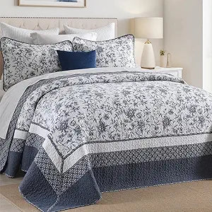 DDUOXIN Botanical Oversized King Bedspread - 120" W x120 L Extra Wide 100% Cotton California Quilt, Lightweight Reversible Oversize Bedspreads with 2 Pillow Shams, Insignia Blue/White