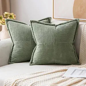 MIULEE Decorative Euro Sham Throw Pillow Covers for Couch Bed Livingroom 24x24 Inch Set of 2 Light Olive Green Boho Accent Throw Pllows Broadside Striped Patchwork Soft Corduroy Summer Pillowcases