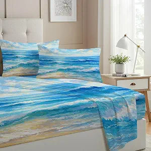 Allenjoy Ocean Blue Abstract Coastal Sheets Set with Fitted Sheet, Flat Sheet and 1 Pillowcase for Bedding Bedroom Decor, Decorations for Kids Women Men Girls Boys Twin Size