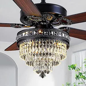 Crystal Chandelier Ceiling Fan with Lights and Remote, Farmhouse Fandelier with 3-Light, Quiet Chandelier Fan for Living Room Bedroom - Reversible AC Motor, 3-Speed, Wood Blades, Timing (52" Black)