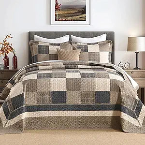 100% Cotton 128"x120" Oversized Quilt Bedspread, Plaid Pattern California King Extra Large Quilt Bedding Set, Reversible Cal King XL Bed Spread Lightweight Comforter, Brown/Beige/Cream, 3Pcs