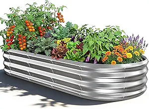 Oval Raised Garden Bed, 5 x 2 x 1FT, Galvanized Steel Planter Box with Wave-Shaped Metal Panels for Outdoor Flower,Tree,Herb & Vegetable Garden (Silver, 60X24X12 inches)