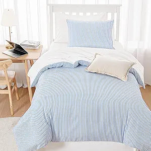 Wake In Cloud - Striped Comforter Set with Sheets, Ticking Stripe Vertical Pinstripe Neutral Farmhouse Pattern Printed, 5 Pieces Bed in a Bag, Blue White, Twin Size