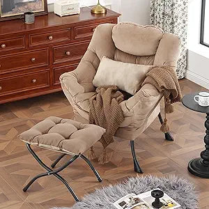 Lazy Chair with Ottoman, Modern Accent Chair with Lumbar Pillow, Velvet Khaki Sofa, Armchairs with Folding Footrest, Oversized Supportive Chairs for Bedroom, Reading