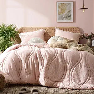 Pink Queen Comforters Set 3 Pieces: Blush Quilted 90"X90" Comforter With Vase Striped Pattern - Modern Light Pink Cozy Fluffy Soft All Seasons Jacquard Beddings Set with 2 Pillow Shams for Bedroom