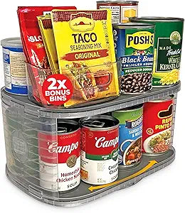 Mighty Susan 2-Tier Lazy Susan Pantry Organizer  Steel Reinforced Turntable for Kitchen Cabinets & Pantry Storage  Heavy-Duty Can Organizer Holds Up to 30 lbs  Rotates 360  Includes 2 Bonus Bins