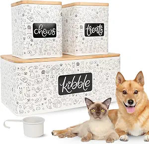 A&N Essentials 3-Piece Pet Food Storage Container Set  Airtight Galvanized Steel with Bamboo Lids  Holds Up to 6 lbs Kibble & 6 Cups Treats for Dogs & Cats