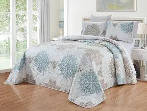 Grand Linen 3-Piece Fine Printed Oversize (115" X 95") Quilt Set Reversible Bedspread Coverlet (California) Cal King Size Bed Cover (Blue, White, Grey Scroll)