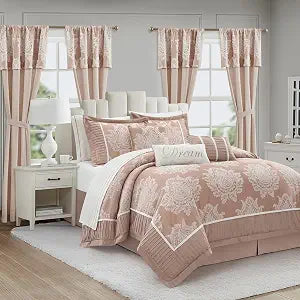 LANCO MODERN LIFESTYLE Blush Queen Comforter Set, 15 Pieces, Damask Jacquard Woven, Bedding Set with Sheets, Room in a Bag, Comforter, Bed Skirt, Pillow Shams and Decor Pillows, Curtains