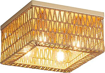 Rpzloila Rattan Ceiling Light, 4-Light Boho Light Fixture, Square Flush Mount Ceiling Light for Bedroom, Hallway, Entryway, Kitchen, Living Room