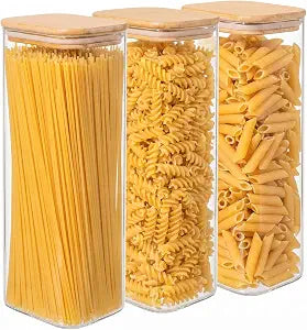 3-Pack 2.2Qt Rectangle Glass Spaghetti Jars with Bamboo Lids