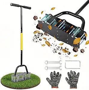 Standing Lawn Aerator with 17 Spikes, 39.37" Carbon Steel Soil Aerator Tool Wide 11.8"x4.72" Base & Includes Gloves for Effortless Soil Loosening and Yard Aeration