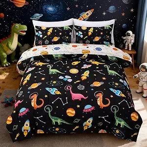 Aimuan Space Dinosaur Comforter Set Kids Rocket Bedding Set Super Soft & Cute Aliens UFO Dinosaur Printed for Boys Girls Teen (Black-Green, Full 5Pcs)