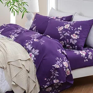 MEISHANG Soft Cooling Twin Sheet Set - Blend Rayon Derived from Bamboo,1800 Thread Count Floral Bed Sheets Oeko-Tex Certificated 3 Pieces - Purple Flower