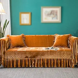 Velvet Sofa Cover Soft Decorative Luxurious Solid Exquisite Ruffle Trim,Retro Farmhouse Vintage Sofa Slipcover Couch Furniture Protector for 2-3 Cushion Sofa for Living Room 1PC 88x134 Inch