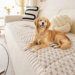 OTOB Couch Cover for Dogs Washable Non Slip Plush Sofa Covers for 3 Cushion Couch, All Seasons Fuzzy Kids Pet Friendly Sofa Slipcovers Furniture Protector Bed Mat (Cream, 27.6" x 70.9")