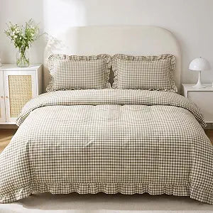 3 Pcs Ruffle Queen Size Comforter Set, Taupe Plaid